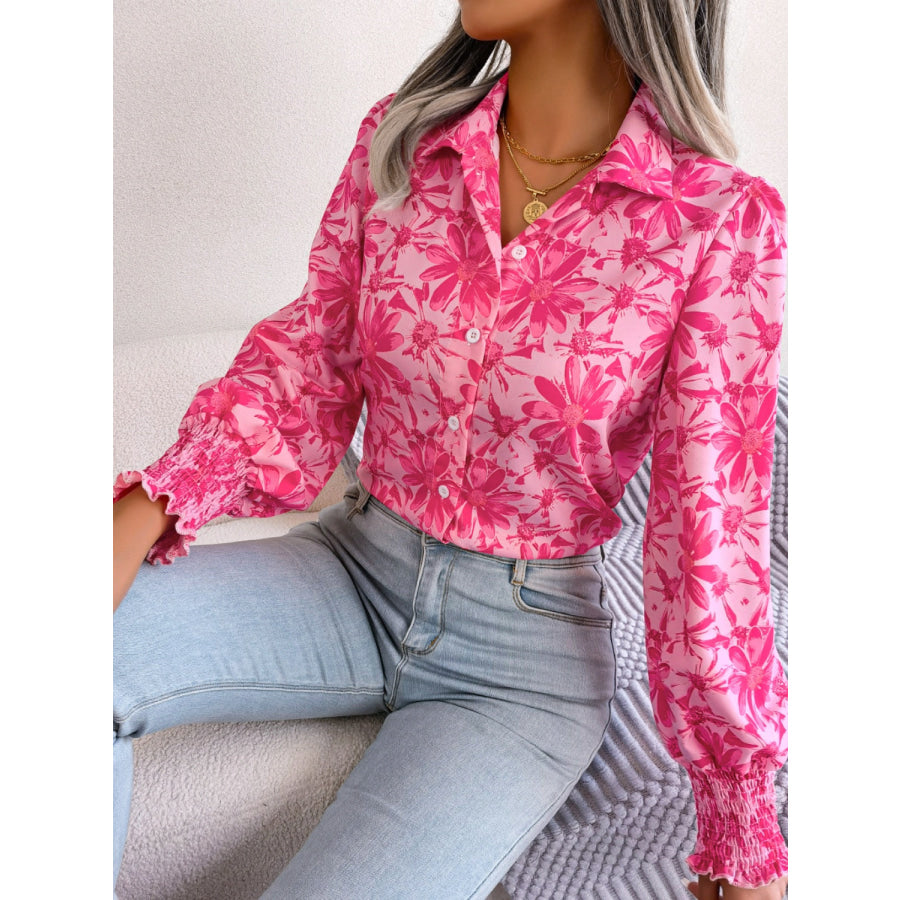 Floral Collared Neck Long Sleeve Shirt Apparel and Accessories