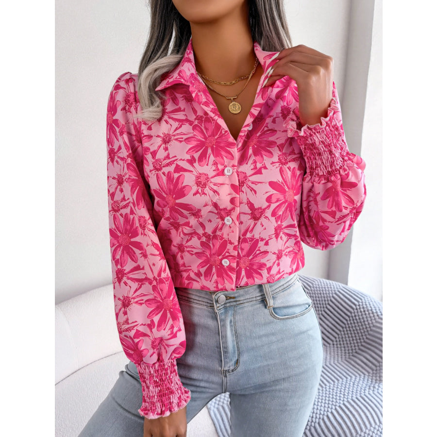 Floral Collared Neck Long Sleeve Shirt Deep Rose / S Apparel and Accessories