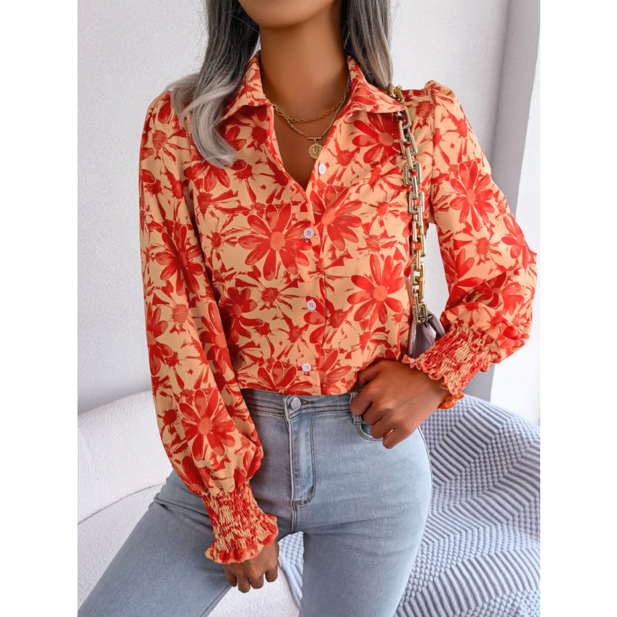 Floral Collared Neck Long Sleeve Shirt Pumpkin / S Apparel and Accessories