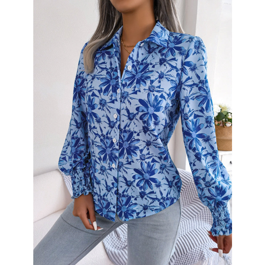 Floral Collared Neck Long Sleeve Shirt Royal Blue / S Apparel and Accessories