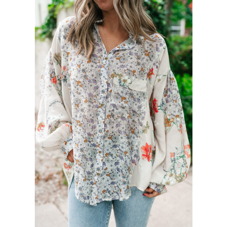 Floral Collared Neck Long Sleeve Shirt Floral / S Apparel and Accessories