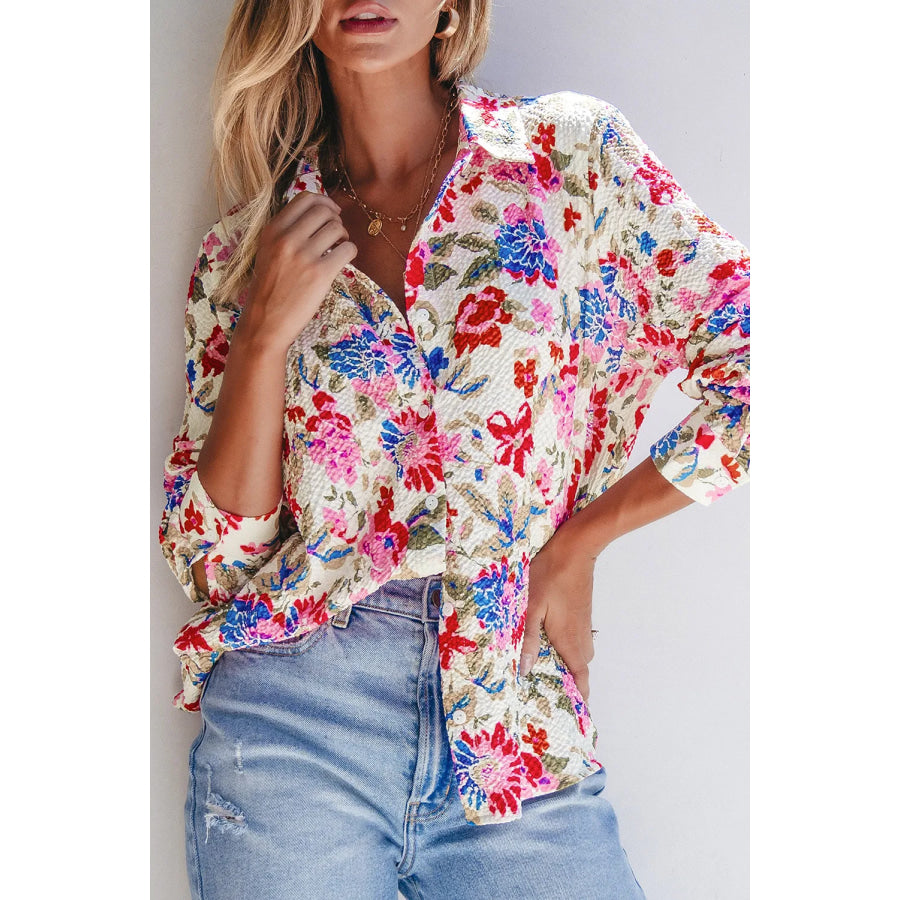 Floral Collared Neck Long Sleeve Shirt Floral / S Apparel and Accessories