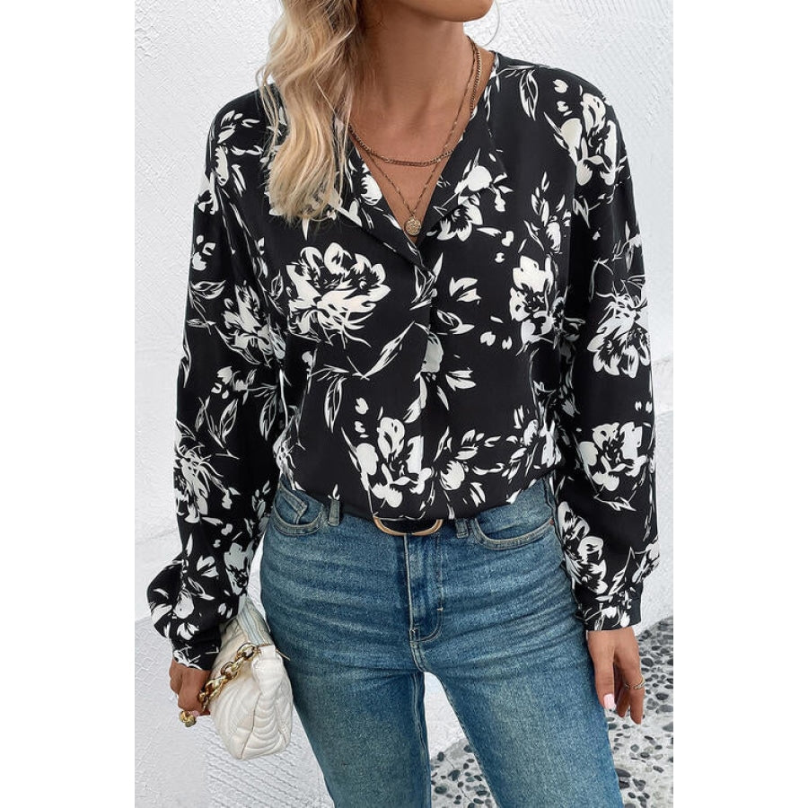 Floral Collared Neck Long Sleeve Top Black / S