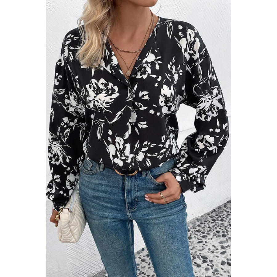 Floral Collared Neck Long Sleeve Top