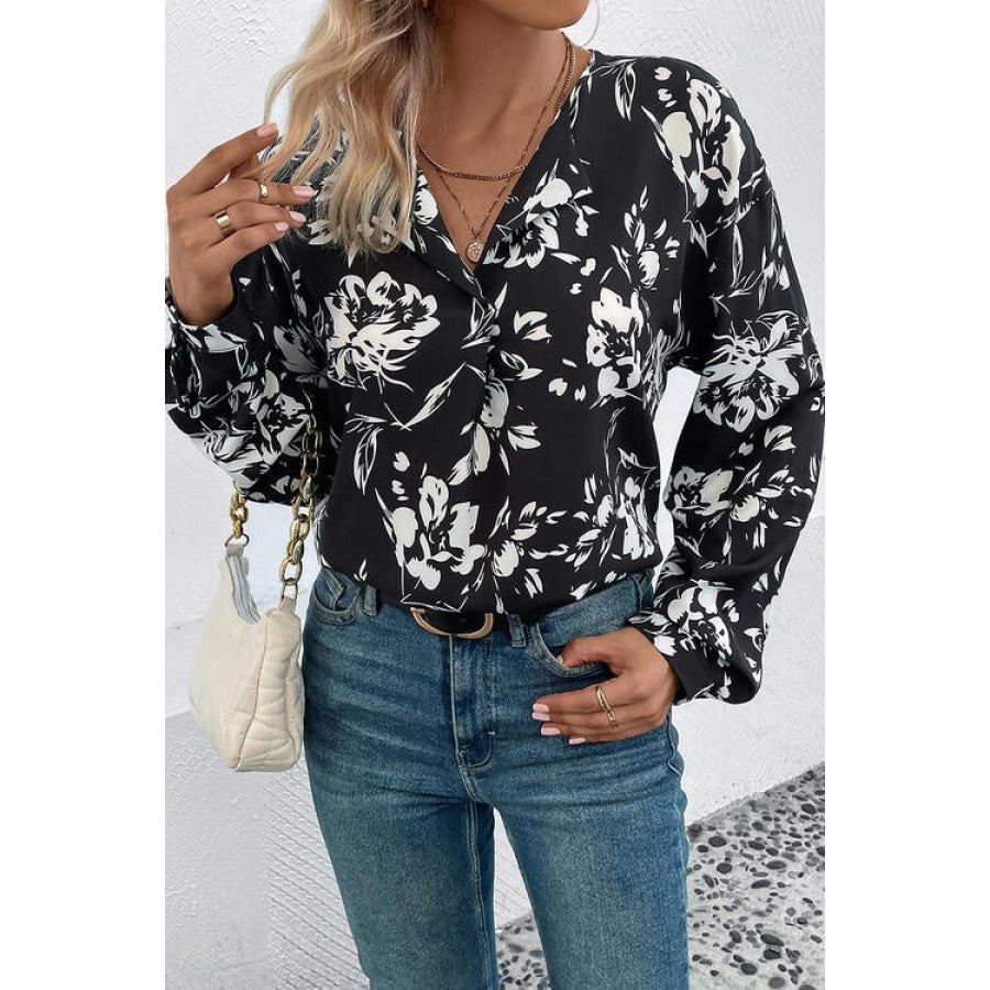 Floral Collared Neck Long Sleeve Top