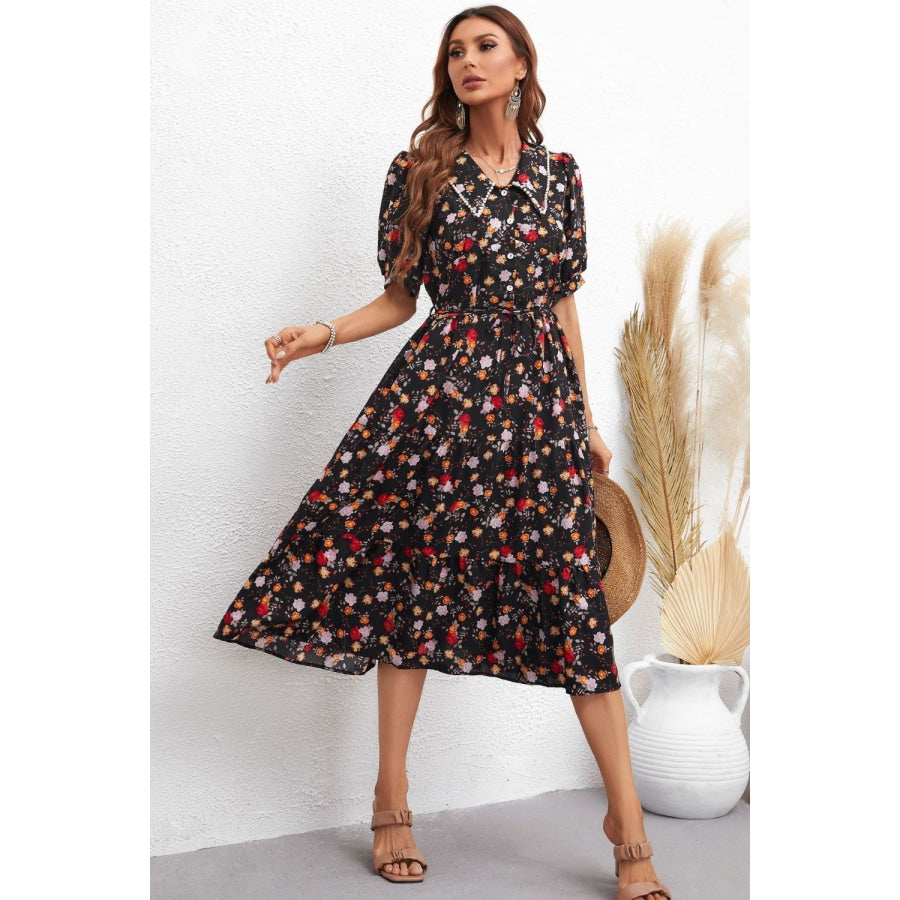 Floral Collared Neck Puff Sleeve Dress Floral / S