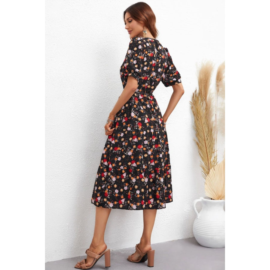 Floral Collared Neck Puff Sleeve Dress