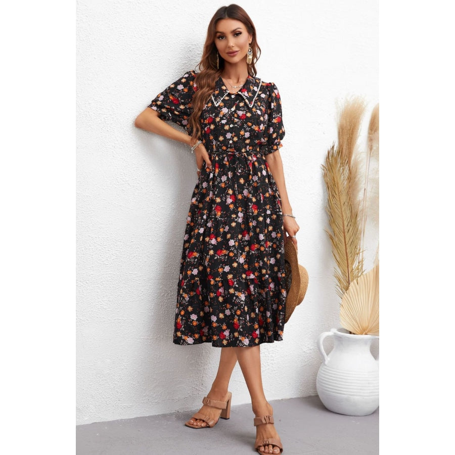 Floral Collared Neck Puff Sleeve Dress