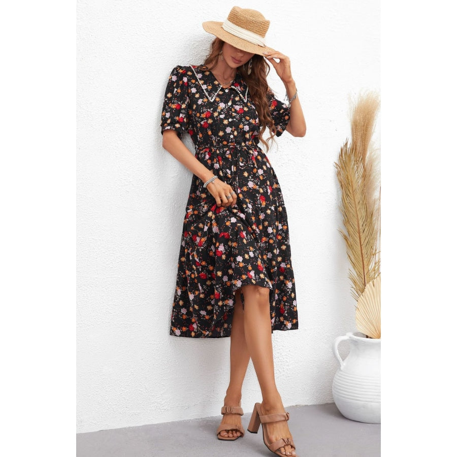 Floral Collared Neck Puff Sleeve Dress