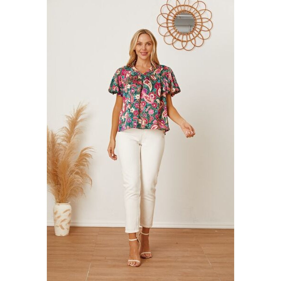 Floral Collared Neck Short Sleeve Blouse Clothing