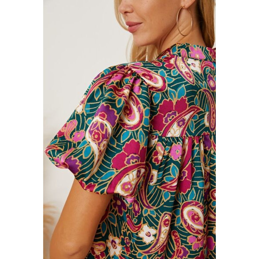 Floral Collared Neck Short Sleeve Blouse Clothing