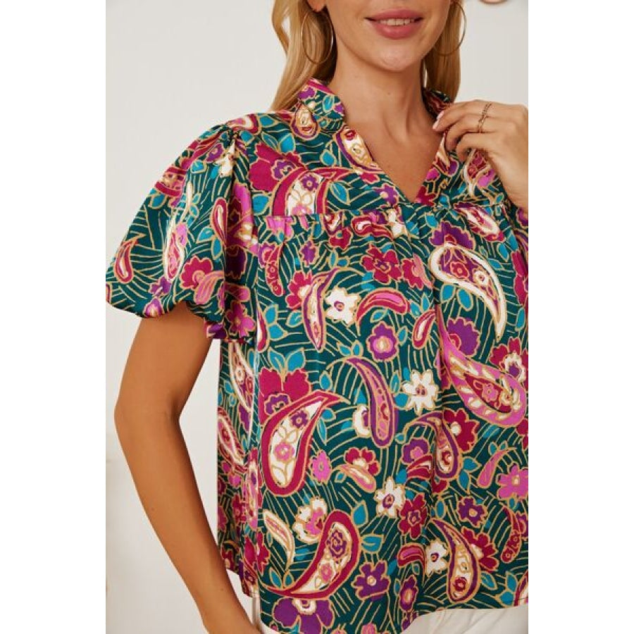 Floral Collared Neck Short Sleeve Blouse Clothing