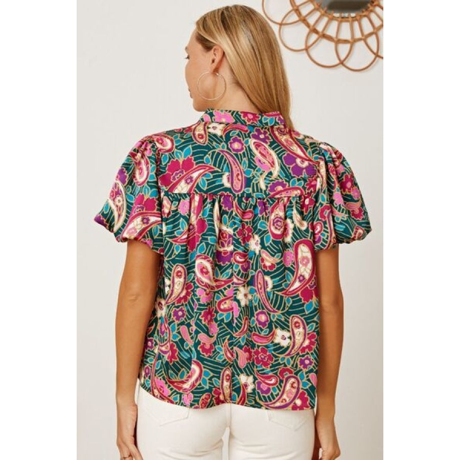 Floral Collared Neck Short Sleeve Blouse Clothing