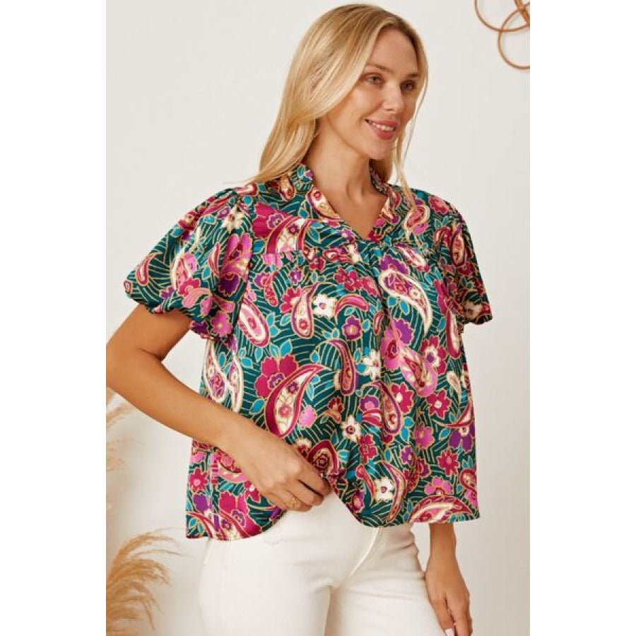 Floral Collared Neck Short Sleeve Blouse Clothing