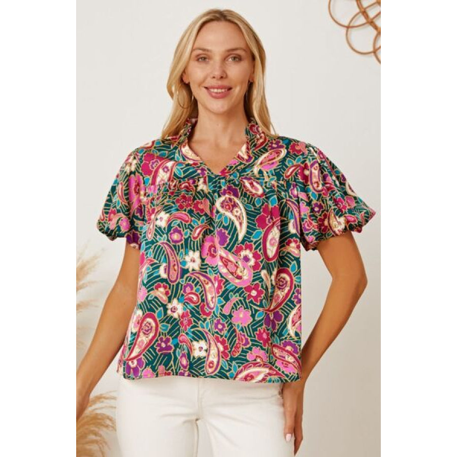 Floral Collared Neck Short Sleeve Blouse Multicolor / S Clothing