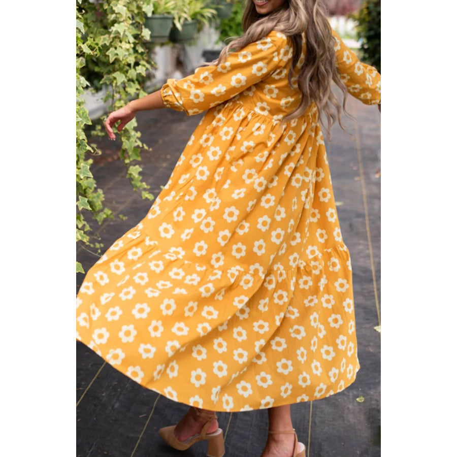 Floral Collared Neck Three-Quarter Sleeve Dress Apparel and Accessories