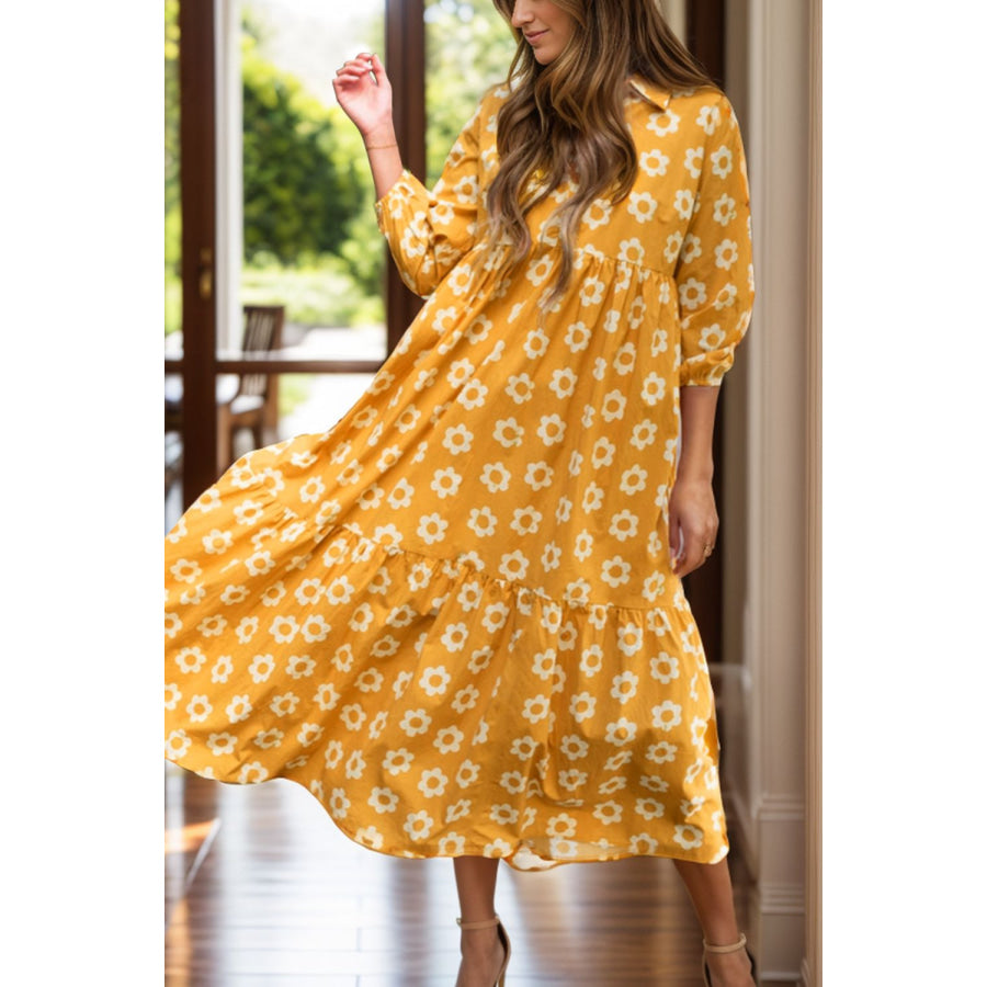 Floral Collared Neck Three-Quarter Sleeve Dress Gold / S Apparel and Accessories