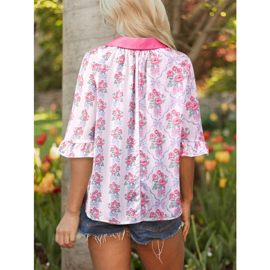 Floral Collared Ruffled Half Sleeve Shirt Apparel and Accessories