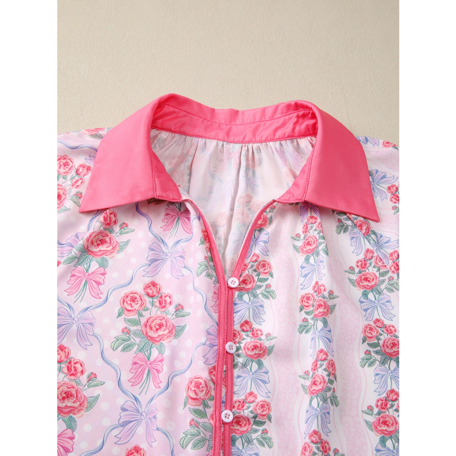 Floral Collared Ruffled Half Sleeve Shirt Apparel and Accessories