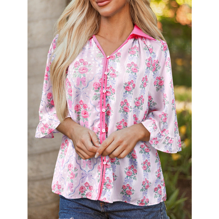 Floral Collared Ruffled Half Sleeve Shirt Pink / S Apparel and Accessories
