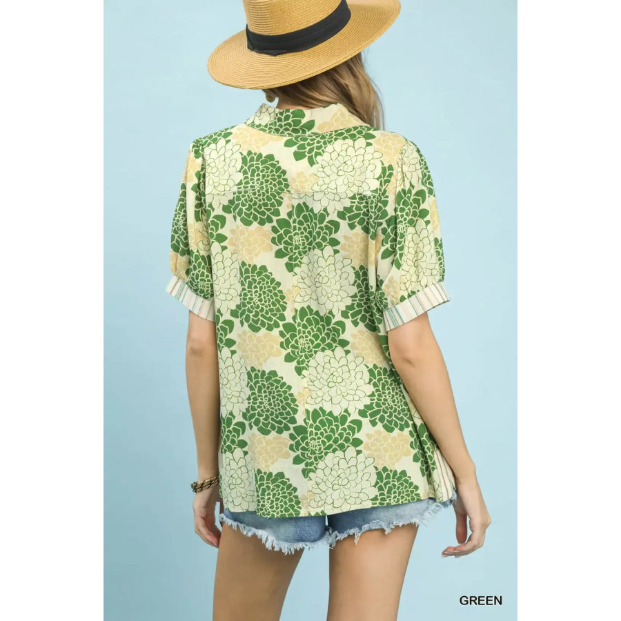 Floral Collared Short Sleeve Blouse Apparel and Accessories
