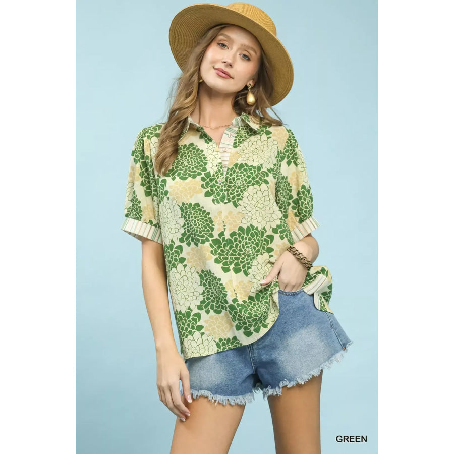 Floral Collared Short Sleeve Blouse GREEN / S Apparel and Accessories