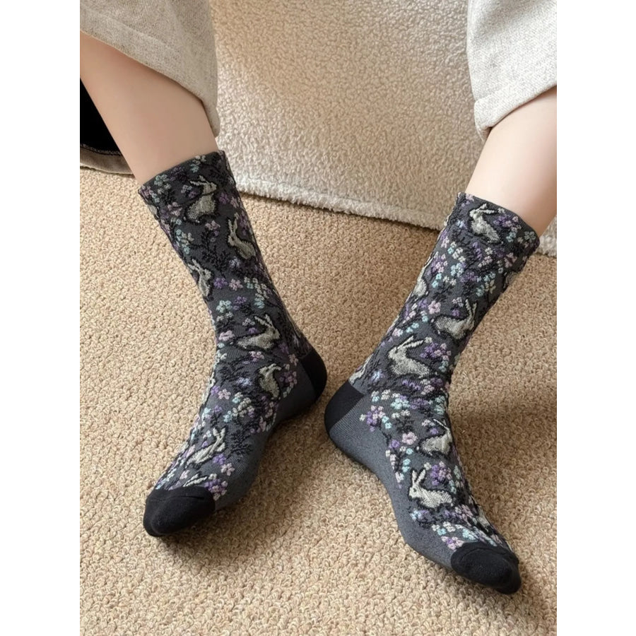 Floral Cotton Socks Black / One Size Apparel and Accessories