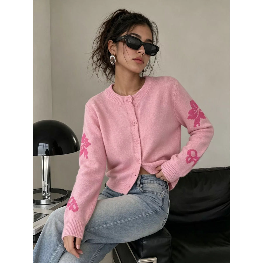 Floral Crew Neck Cropped Knit Cardigan Apparel and Accessories