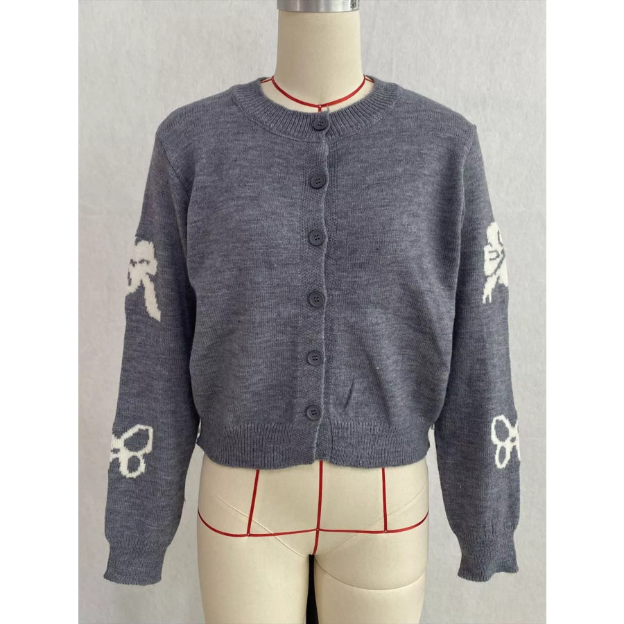 Floral Crew Neck Cropped Knit Cardigan Apparel and Accessories