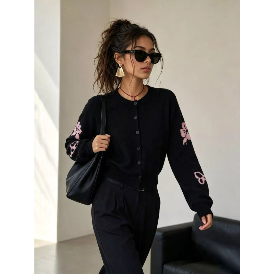 Floral Crew Neck Cropped Knit Cardigan Apparel and Accessories
