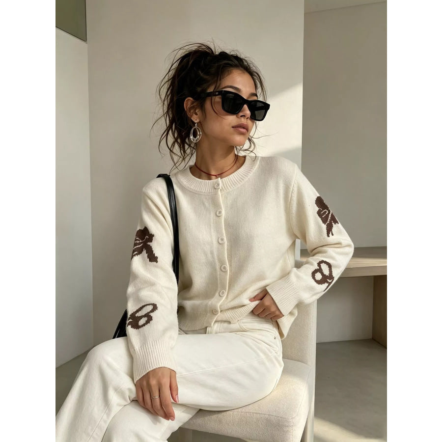 Floral Crew Neck Cropped Knit Cardigan Apparel and Accessories