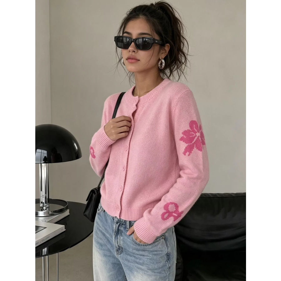 Floral Crew Neck Cropped Knit Cardigan Apparel and Accessories