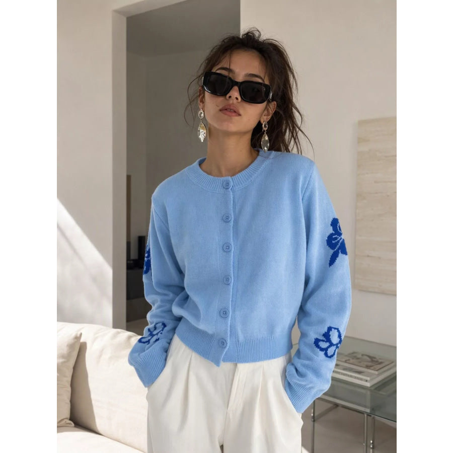 Floral Crew Neck Cropped Knit Cardigan Apparel and Accessories