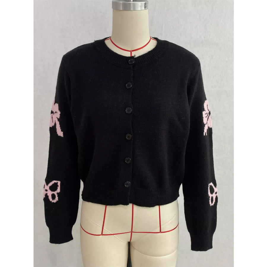 Floral Crew Neck Cropped Knit Cardigan Apparel and Accessories