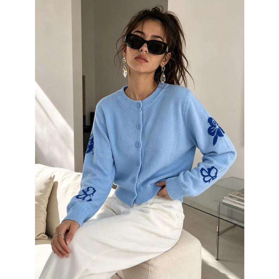 Floral Crew Neck Cropped Knit Cardigan Apparel and Accessories