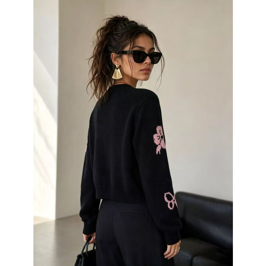 Floral Crew Neck Cropped Knit Cardigan Apparel and Accessories