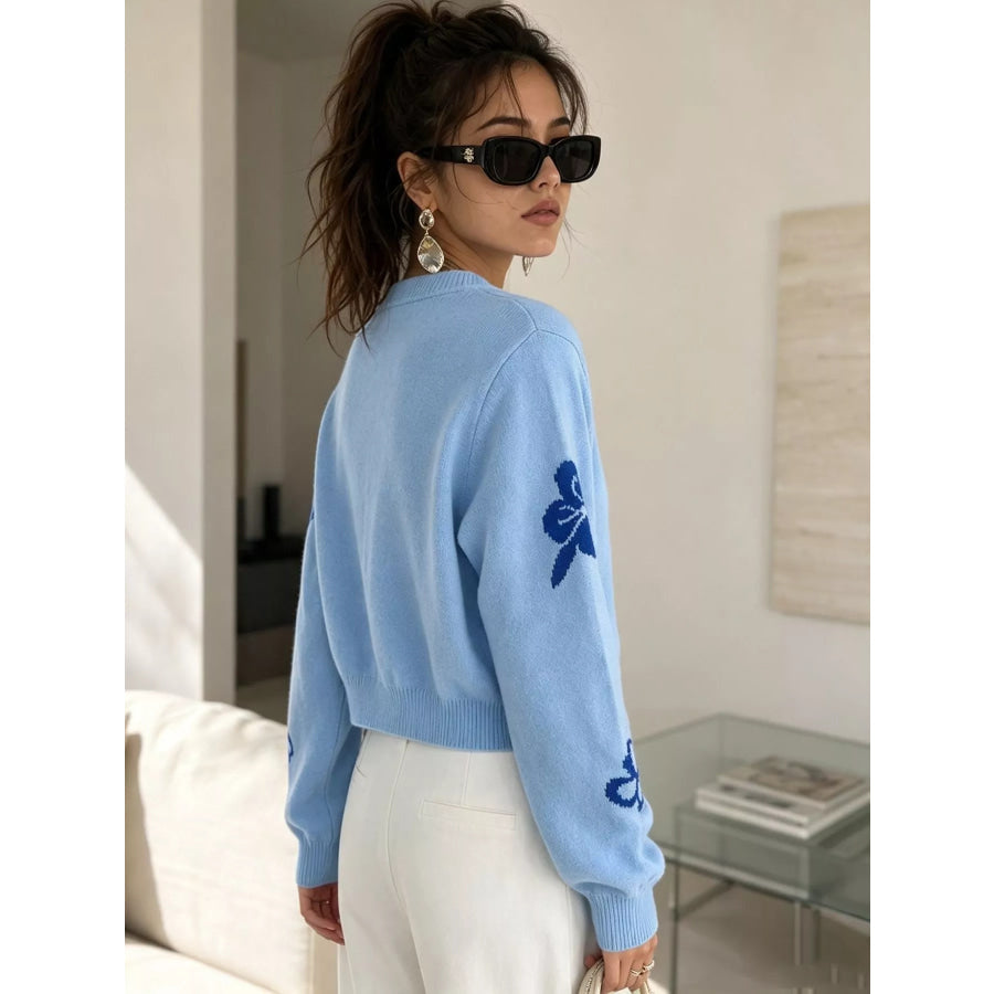 Floral Crew Neck Cropped Knit Cardigan Apparel and Accessories