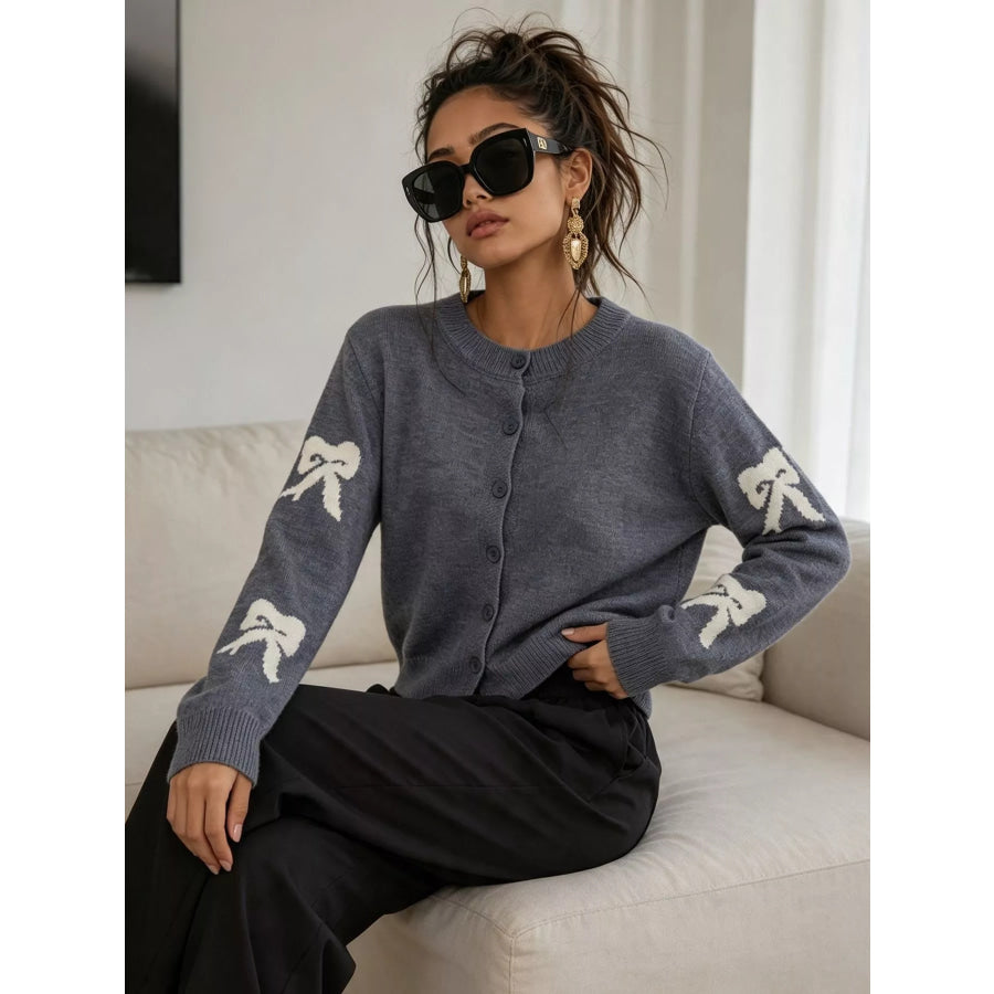 Floral Crew Neck Cropped Knit Cardigan Apparel and Accessories