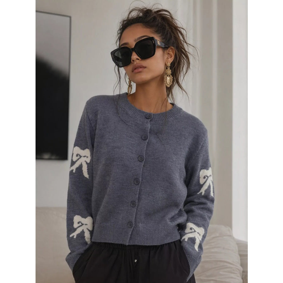Floral Crew Neck Cropped Knit Cardigan Apparel and Accessories