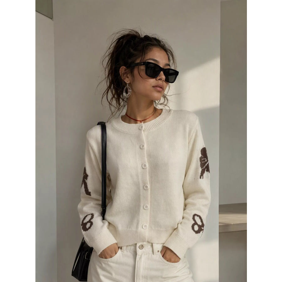 Floral Crew Neck Cropped Knit Cardigan Apparel and Accessories