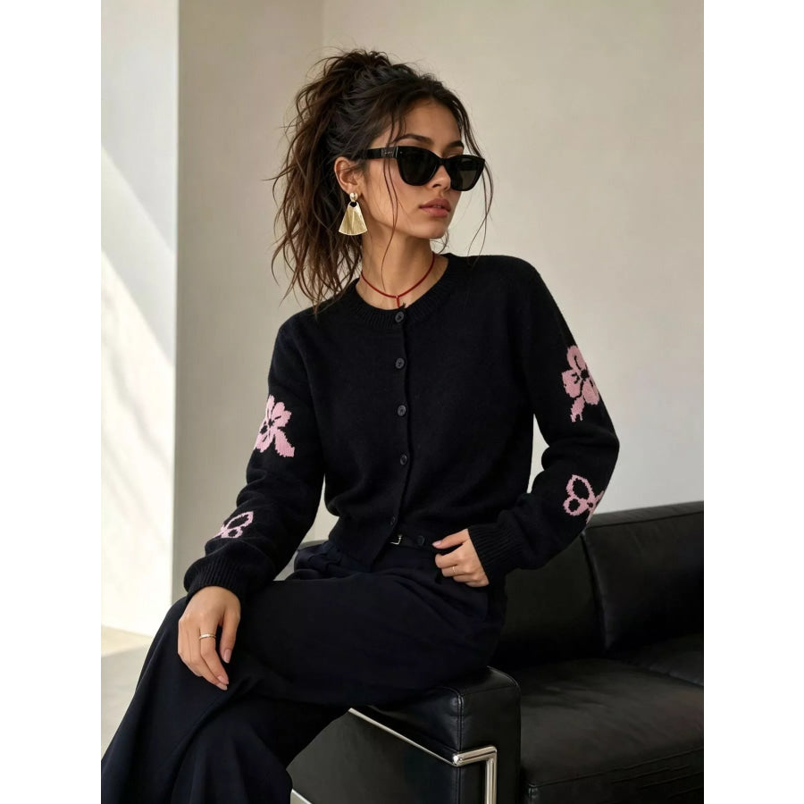 Floral Crew Neck Cropped Knit Cardigan Apparel and Accessories