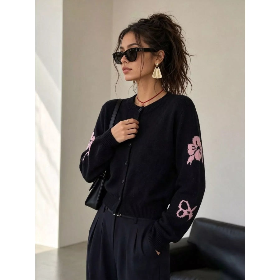 Floral Crew Neck Cropped Knit Cardigan Apparel and Accessories