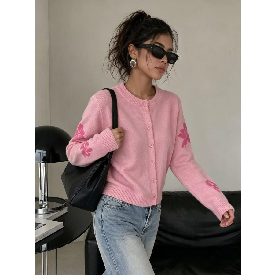 Floral Crew Neck Cropped Knit Cardigan Apparel and Accessories