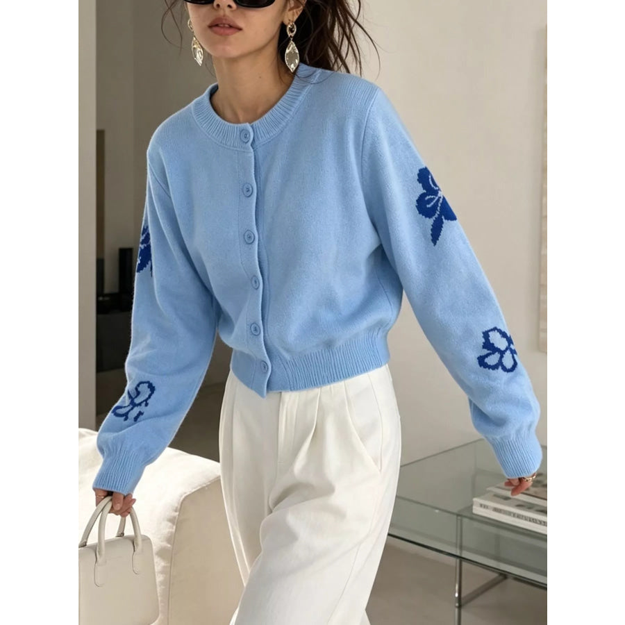 Floral Crew Neck Cropped Knit Cardigan Apparel and Accessories