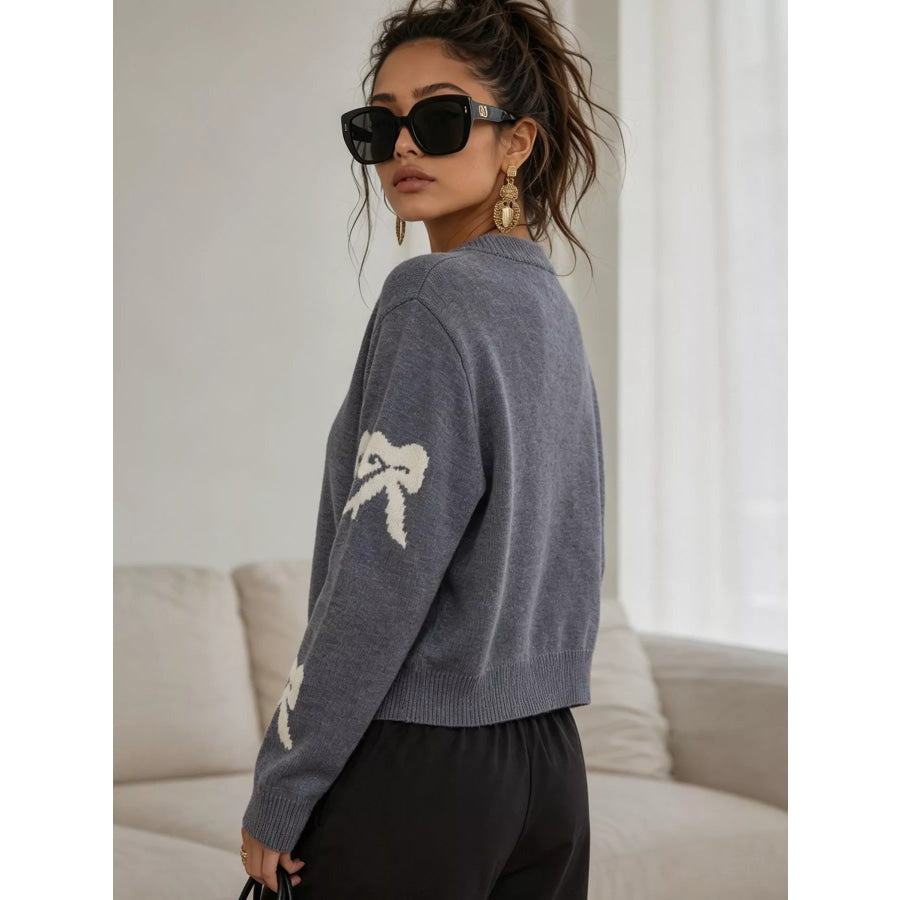 Floral Crew Neck Cropped Knit Cardigan Apparel and Accessories