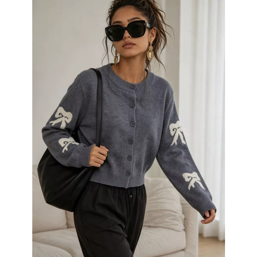 Floral Crew Neck Cropped Knit Cardigan Apparel and Accessories