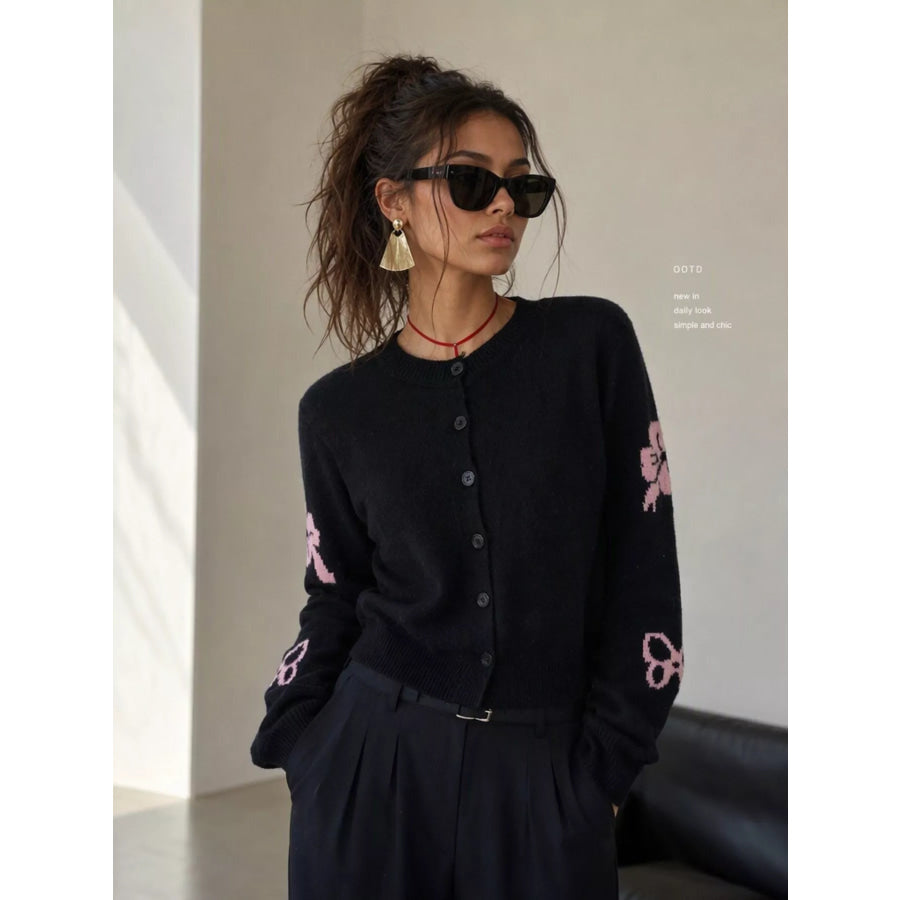Floral Crew Neck Cropped Knit Cardigan Black / One Size Apparel and Accessories