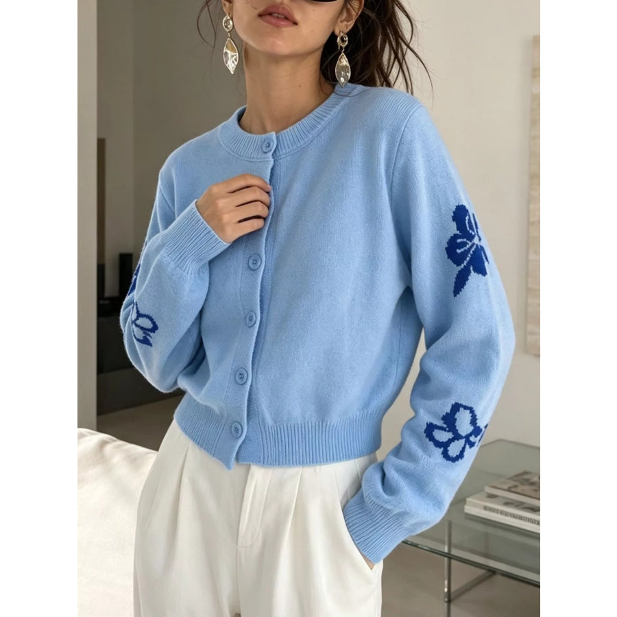 Floral Crew Neck Cropped Knit Cardigan Blue / One Size Apparel and Accessories