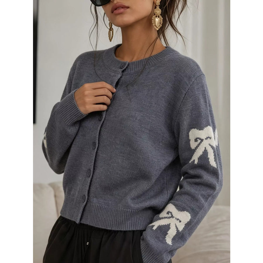 Floral Crew Neck Cropped Knit Cardigan Gray / One Size Apparel and Accessories