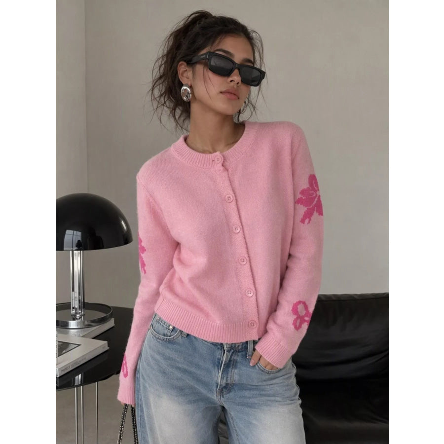 Floral Crew Neck Cropped Knit Cardigan Pink / One Size Apparel and Accessories
